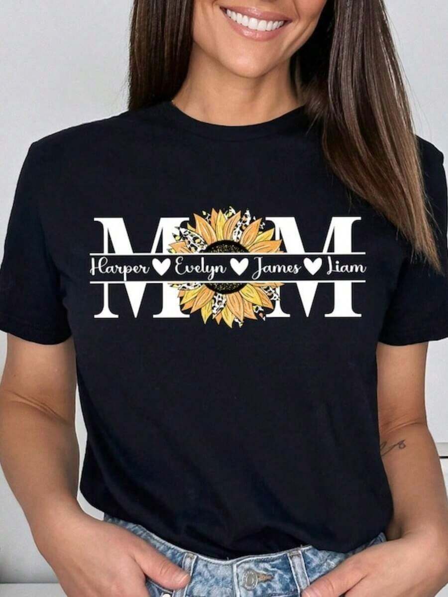1 camiseta personalizada para mamá, camiseta de mamá con girasoles, camiseta para el Día de la Madre, camiseta con nombre de mamá, regalo para mamá, camiseta de mamá con estampado de leopardo, regalo personalizado para mamá, regalo personalizado para cumpleaños/Día de la Madre/festividades/vida cotidiana, 100% algodón, tallas S-2XL, transpirable y cómoda. - Negro - Ver 1