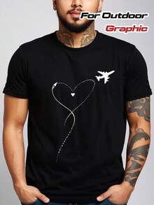 Men's T-Shirt With Airplane Design And Feminine Silhouettes In Black And White - Round Neck - Casual Stretch Top, Suitable For Gym, Outdoor Activities And Daily Wear - Lightweight And Breathable Men's T-Shirt, Ideal For Aviation Enthusiasts And Couples. - 黑色 - 查看 8