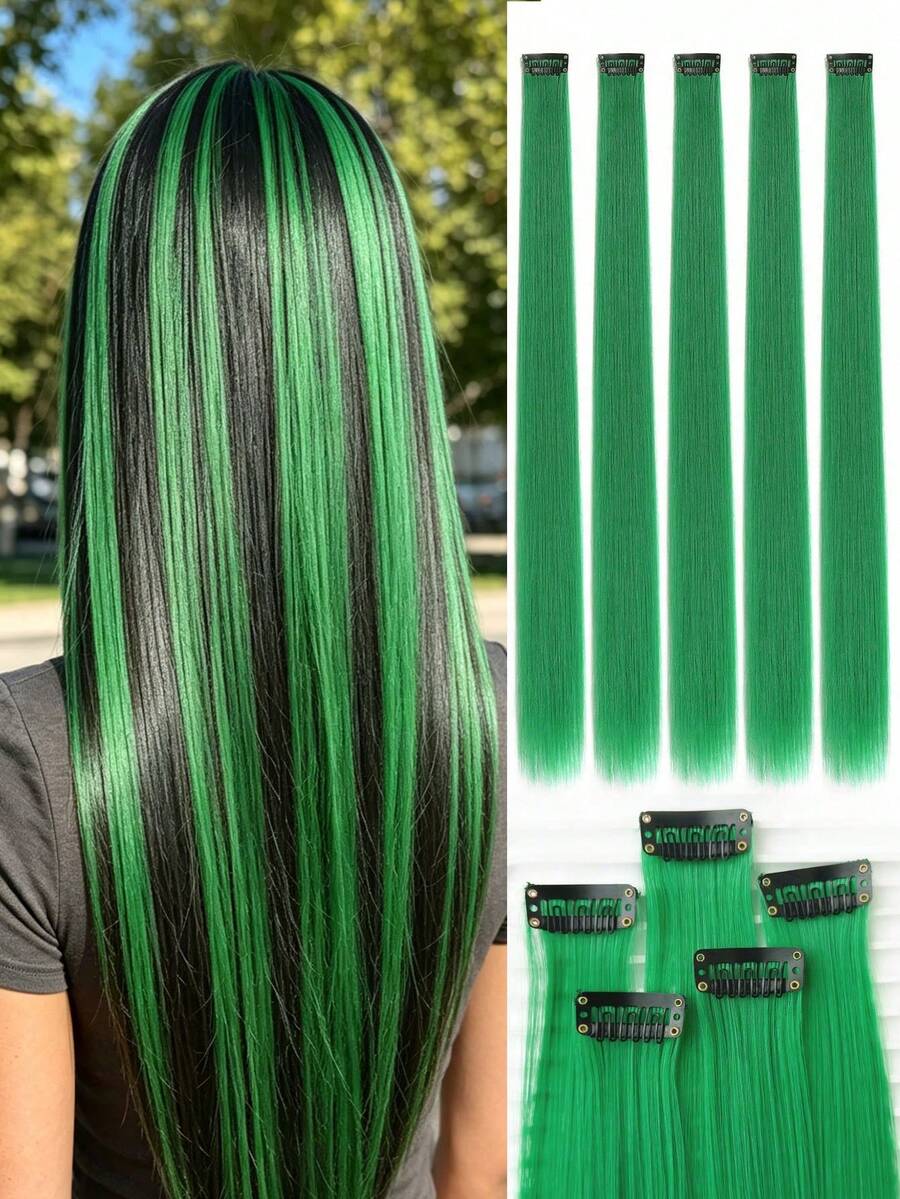 5 Stücke grüne Haarspangen, Haarverlängerungen aus Synthetik für Frauen, können ohne Salon-Besuch zu verschiedenen Frisuren kombiniert werden, geeignet für den täglichen Gebrauch und Partys