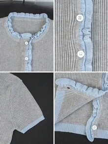French Style Wood-Look Trim Contrast Color Knit Short Sleeve Cardigan Women's Summer New Slim Fit Cropped Top Gentle Elegant Slimming Blouse - Grey - View 8