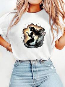 1 Women's Short Sleeve T-Shirt With Mermaid Print, Modern, Elegant And Slimming, The Perfect Gift For Birthdays Or Holidays, 180g 100% Cotton. - 白色 - 查看 12
