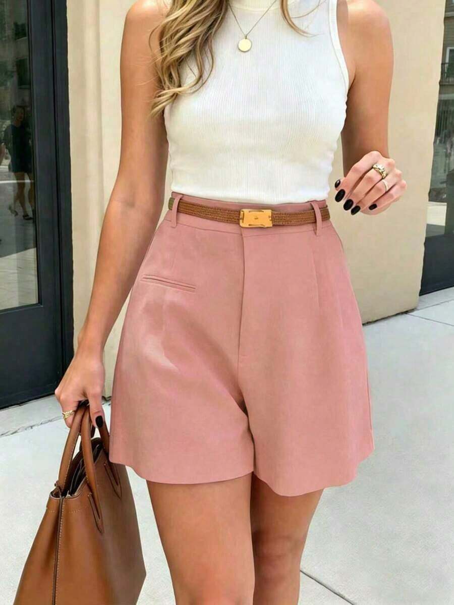 Pantalones cortos versátiles de unicolor para mujer - Rosa Pálido - Ver 1