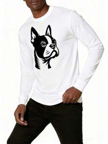 Camiseta Larga para Hombre, Diseño Retro Simple y Holgado, con Estampado de Cabeza de Boston Terrier en Blanco y Negro. Estilo callejero divertido y casual. Suéter holgado. Adecuado para uso casual. - Blanco - Ver 1