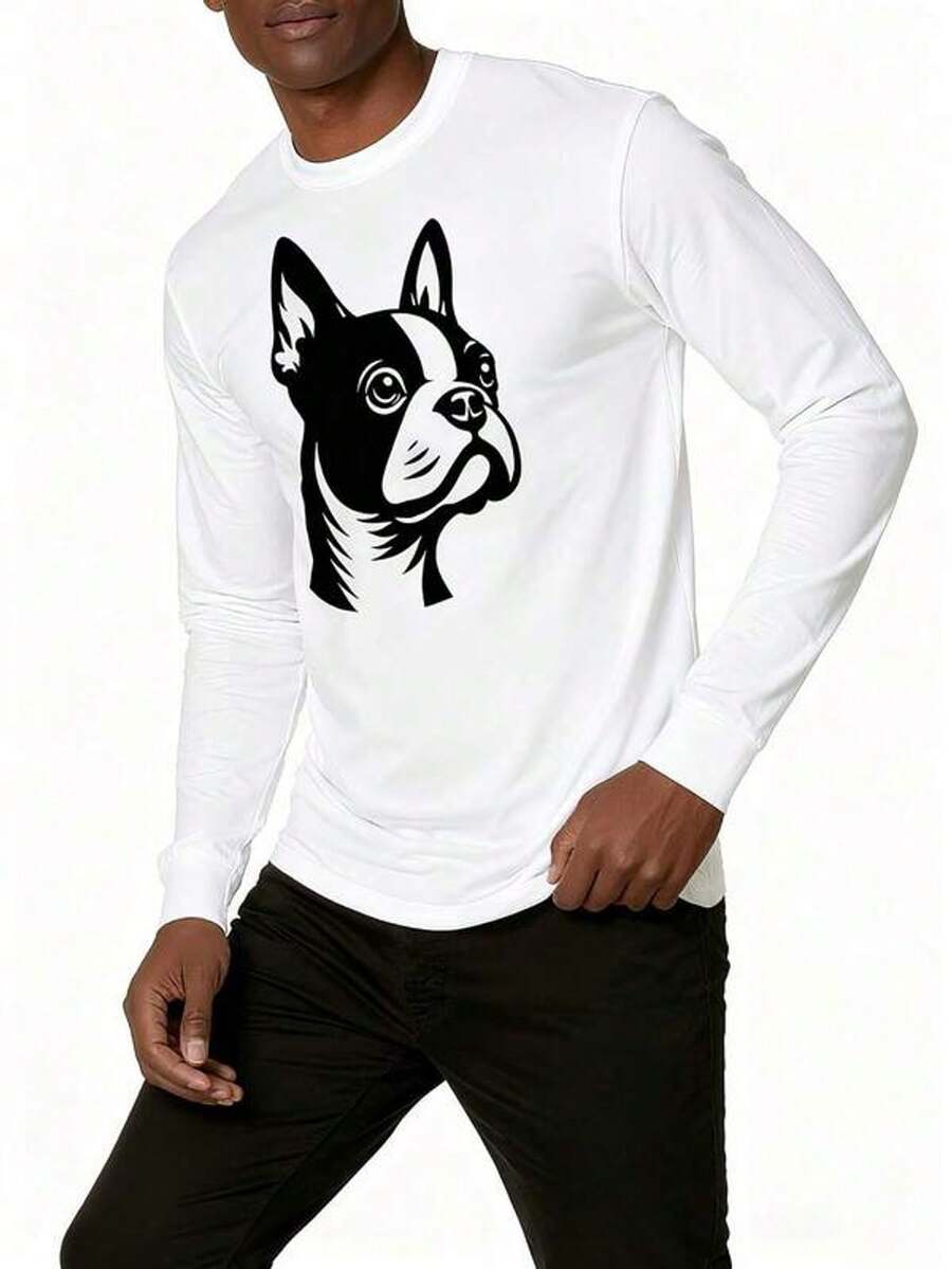 Camiseta Larga para Hombre, Diseño Retro Simple y Holgado, con Estampado de Cabeza de Boston Terrier en Blanco y Negro. Estilo callejero divertido y casual. Suéter holgado. Adecuado para uso casual. - Blanco - Ver 1