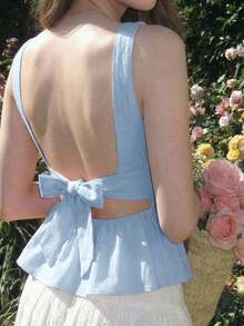 Top sin espalda con lazo y tirantes en escote en V para mujer, color rosa - Azul - Ver 3