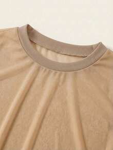 BASICS 2 piezas Top de tirantes recortado de color liso casual y top corto de manga corta holgado y transparente de malla con cuello redondo - Camel - Ver 3