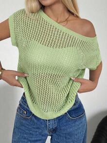 Jersey informal asimétrico de manga corta y hombros descubiertos con escote transparente en color negro - verde menta - Ver 7