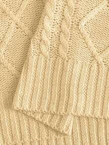 Blusa de punto ajustada con cuello en V y manga corta, color albaricoque, con detalle de trenzado, uso diario minimalista - Amarillo - Ver 7