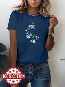 Elegant Women's Blouse With Modern Print, Round Neck And Short Sleeves 100% Cotton NC-13350 - 藍色 - 查看 2