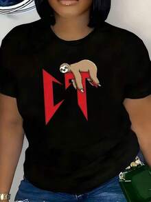 New 2026 Women's T-Shirts, Modern T-Shirt With Eye-Catching Graphic Sloth Print, Casual Style, Unisex Cut, Perfect For Any Occasion, Black Color, Sizes S, M, L, Urban Fashion In Casual Wear - 黑色 - 查看 6