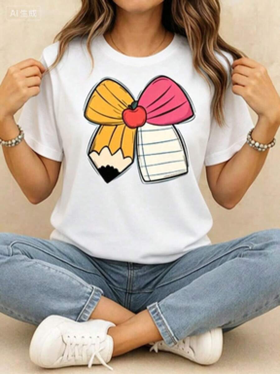This Casual T-Shirt Features A Simple Print, A Round Neck, And Short Sleeves. The Classic, Basic Design Is Universally Flattering, And The Loose, Relaxed Fit Feels Comfortable And Breathable. The Fine, Soft Texture Is Soft Against The Skin And Breathable, So It Won't Pill Or Lose Its Shape Over Time. The Subtle, Elegant Print Design Is A Must-Have For Summer. This Versatile Piece Pairs Perfectly With All Kinds Of Bottoms-You Can't Go Wrong. - 白色 - 查看 1