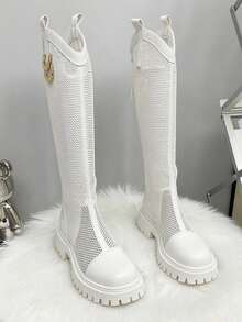 2026 Spring New Arrival Knee-High Boots For Women, Minimalist White Breathable Mesh Thickened Sole Chunky Heel Tall Riding Boots, Plus Size 43 - White - View 11