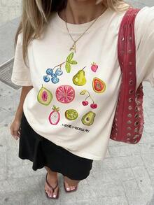 Women's Short-Sleeved T-Shirt In Vibrant Yellow, Soft To The Touch Fabric, Colorful Fruit Graphic Design On The Front, Cheerful And Vibrant Style, Suitable For Summer Picnics, Fruit Festivals And Tropical Island Holidays, Made Of Pure Cotton. - 杏色 - 查看 7