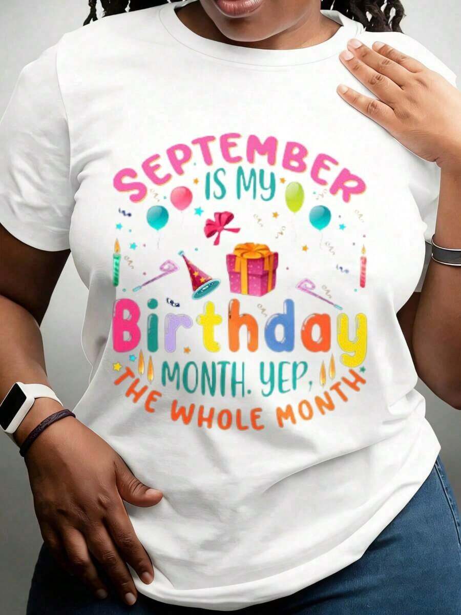 Women's T-Shirt 100% Cotton - September, My Birthday Month, Yes, All Month Long - Birthday Celebration T-Shirt - Unisex Vintage Urban Style, Loose Fit, Cotton, Short Sleeve, Crew Neck - 白色 - 查看 1