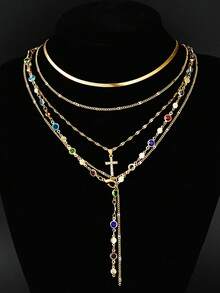 5pcs/Set Colorful Crystal Cross Pendant Layered Y-Necklace, Suitable For Beach, Vacation, Daily, Party Wear, Gift For Friends And Girlfriends - Yellow Gold - View 6