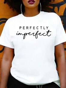 Camiseta de Mujer Estilo Casual con Diseño de Texto "Perfectly Imperfect" para Uso Diario y Atuendos de Temporada, Regalo Ideal para Amigos y Familiares - Blanco - Ver 6