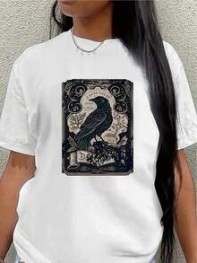 Polyester Short-Sleeved T-Shirt, Decorated With An Artistic Crow Design, Lightweight And Durable, Suitable For Casual Wear At Home Or In A Cafe, Comfortable And Fitted For Everyday Wear. Women's Blouses > Clothing - 白色 - 查看 7