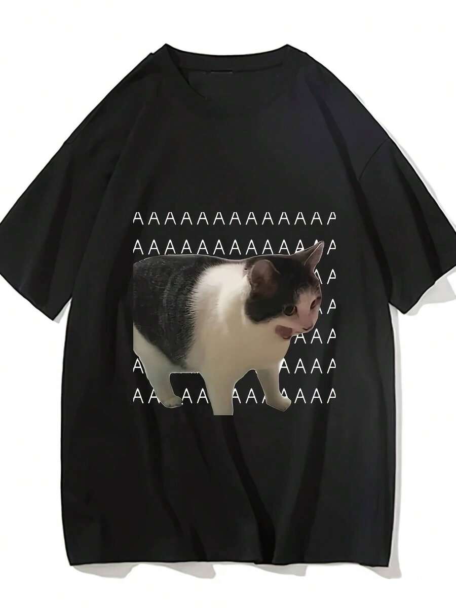 2026Camiseta de Hombre Divertida con Diseño de Meme "Gato Triste" - Camiseta Casual de Manga Corta en Rosa con Diseño de Gato en Blanco y Negro, Suave y Cómoda, Lavable a Máquina, Ideal para Atuendos Informales, Camiseta para el Día a Día | Diseño Juguetó - Negro - Ver 1