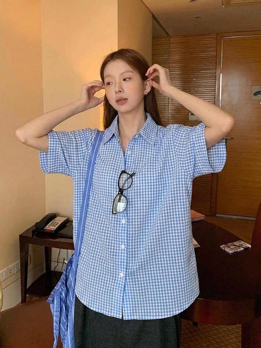 女士休闲格子宽松衬衫,夏季 - 藍白色 - 查看 1