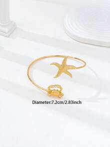 1pc Gold Plated Ocean Style Starfish & Crab Arm Bracelet, Inlaid With CZ Rhinestones, Bohemian Beach Resort Decorative Accessory - Gold - View 3