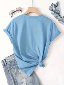 Camiseta de Mujer Económica y Asequible, Estilo Vaquero Retro, Rock, Western, con Estampado de Silueta de Vaquera, Manga Corta Casual, Cuello Redondo, Ajustada para Verano - Azul cielo - Ver 4