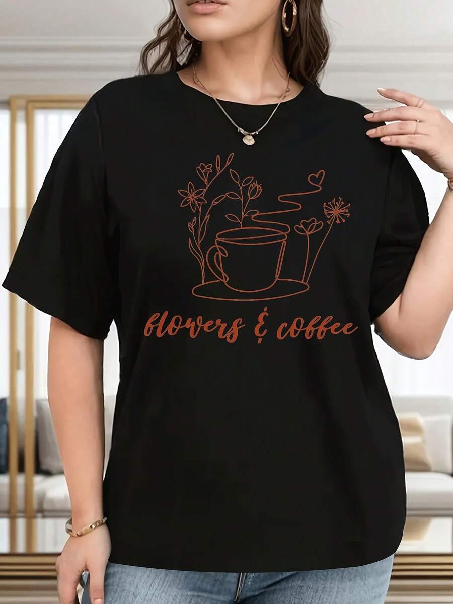 1 Women's Plus Size Coffee Print T-Shirt - Loose Fit, Casual, Crew Neck, Short Sleeve, With "Flowers And Coffee" Cursive Text - Stretchy, Comfortable For All Seasons, Suitable For Daily Wear And Holidays - Machine Washable White T-Shirt, 180g, 100% Cotton. - 黑色 - 查看 1