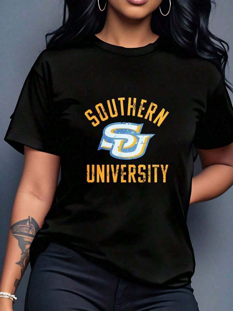 Heavyweight Wo's Oversized Crew Neck Cotton Graphic Print T-Shirt, Southern University Logo Print, Casual Wear, Loose Fit Short Sleeve T-Shirts For Spring, Fashionable Summer Basic T-Shirts, Fun Clothing With Black And White Options, Party Gift, Women's Hit. - 黑色 - 查看 1