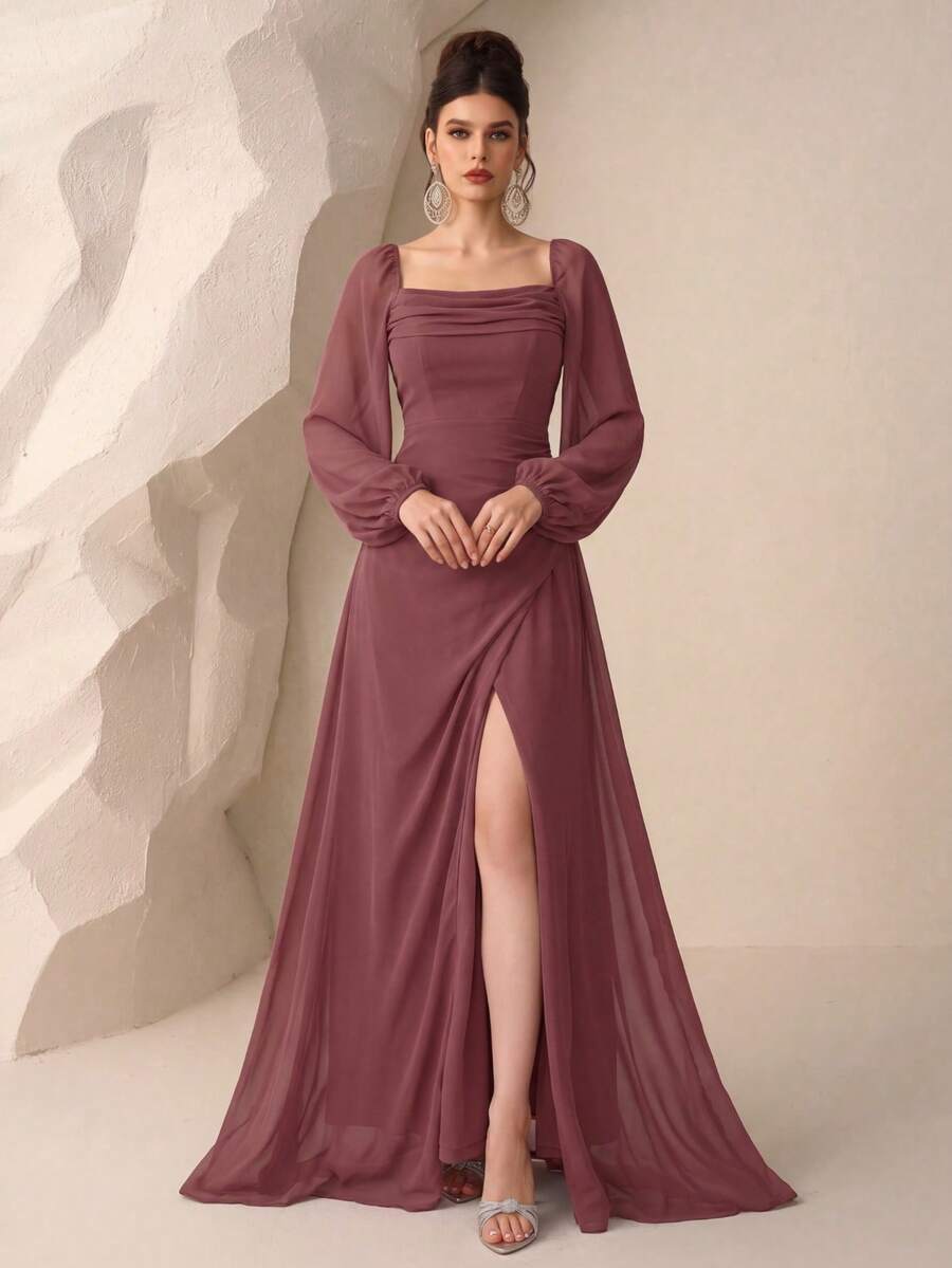 Vestido de gasa de manga larga con volantes, abertura, espalda descubierta y cinturón, adecuado para vestido de dama de honor, vestido de novia, vestido de cumpleaños, vestido de graduación, vestido formal - Color caoba - Ver 1
