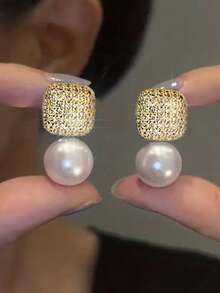 1 Pair Elegant Cubic Zirconia & Faux Pearl Earrings, Suitable For Women, Ideal For Weddings, Engagements, Anniversary Parties, Valentine's Day Gifts - Yellow Gold - View 1