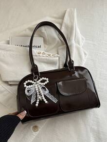 1pc Coffee Brown Bow Decor Multi-Pocket Solid Color PU Leather Women Shoulder Bag, Summer New Arrival - Coffee Brown - View 3