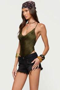 Womenacute;s Fringe Sparkly Crop Top Sequin Cowl Neck Fringed Halter Cami Tank Tops Y2k Disco Rave Club Outfits - Verde militar - Ver 4