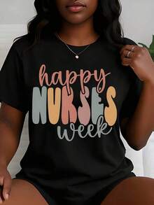 Casual Style Women's T-Shirt Happy Nurses Week Graphic Print Summer Gift For Nurses,Celebrating International Nurses Day In May, Perfect Gift For Nurses, Women's Clothing To Pay Tribute To The Most Beautiful Angels In White.Playeras De Mujer - 黑色 - 查看 11