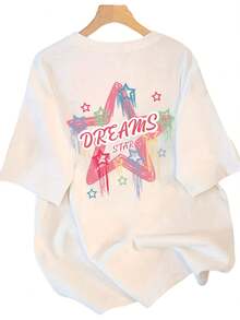 Camiseta de manga corta estampada y moderna para mujer, nueva  de verano 2025, top holgado y casual de media manga - Blanco - Ver 1