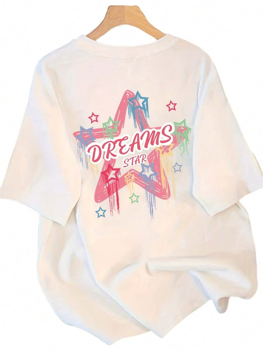 Camiseta de manga corta estampada y moderna para mujer, nueva de verano 2025, top holgado y casual de media manga - Blanco - Ver 1