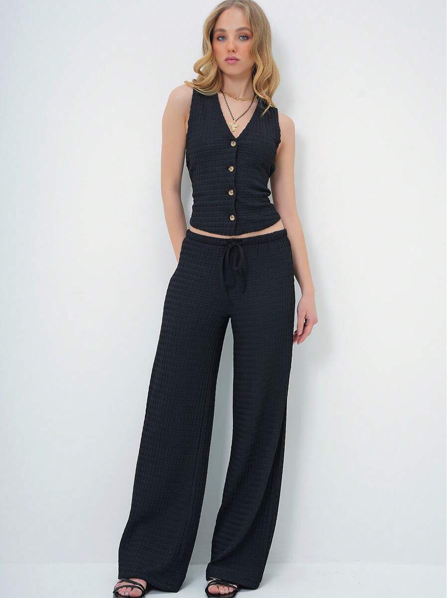 Women's Casual Commuting Minimalist Solid Color V-Neck Single-Breasted Fitted Cropped Tank Top And Drawstring Waist Straight Leg Pants Set - Black - View 1