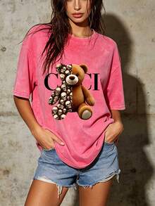 Camiseta de moda Skull Bear de 180g, adecuada para reuniones familiares y como regalo, perfecta para actividades de team building en la empresa, fiestas temáticas de programas de televisión, Halloween, Navidad, ligera y cómoda, unisex. 7PUW - rosa - Ver 1