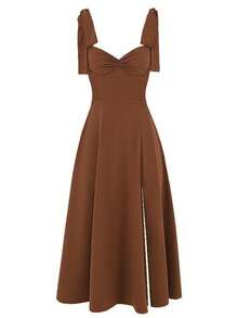 Vestido largo de gasa estilo francés para vacaciones talla plus, tirantes, espalda descubierta, diseño sensual moda euroamericana - Marrón - Ver 3