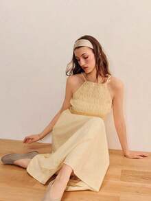 Vestido midi con rayas amarillas, escote cuadrado, parte superior fruncida y falda en línea A. Vestido primaveral y veraniego lindo, vestido amarillo lindo, atuendo casual de vacaciones, vestido de estilo francés - Amarillo - Ver 6