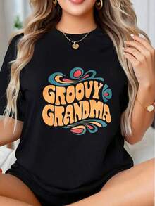 Women's Retro Style Graphic T-Shirt "Groovy Grandma", Fun Vintage Inspired Tee, Perfect For Casual Wear And Family Gatherings - Vintage Urban Style, Unisex, Cotton, Short Sleeve, Crew Neck, 100% Cotton - 黑色 - 查看 7
