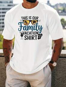 Men's Beige T-Shirt With The Phrase "These Are Our Family Holidays" - Matching Family Holiday Set With Palm Tree And Airplane Designs, Casual Short-Sleeved Crew Neck Beach-Themed T-Shirt, Ideal For Dads, Husbands And Matching T-Shirts. - 白色 - 查看 8