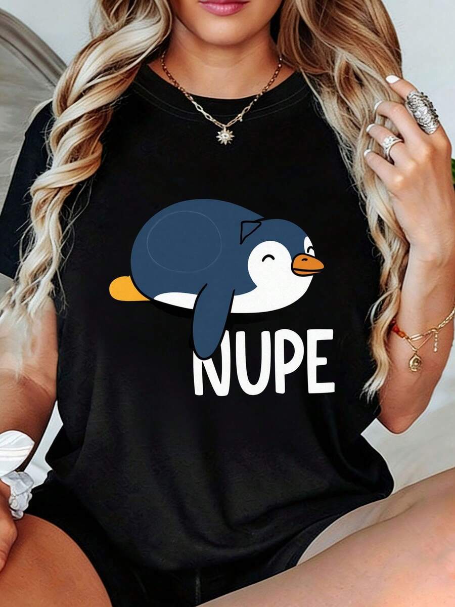 NUPE Women's Cartoon Penguin T-Shirt - White Short-Sleeve Crew Neck T-Shirt For Women, Soft Casual Summer Top With A Relaxed Design, Perfect As A Gift For Friends And Family. Women's T-Shirts - 黑色 - 查看 1