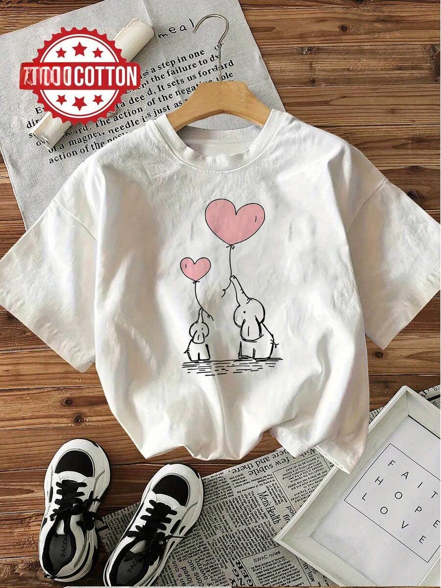 Top casual de manga corta y cuello redondo con estampado de patrón de corazón rosa, adecuado para verano y primavera, ropa de mujer