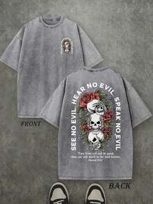 Retro Washed T-Shirt With Double-Sided Print (230g Pure Cotton T-Shirt) With 'SEE NO EVIL, HEAR NO EVIL, SPEAK NO EVIL' Letter Print And Pattern (Psalm), Christian Gift, Men's T-Shirt, Casual, Comfortable, Fashionable, Urban Cotton Style - 灰色 - 查看 9