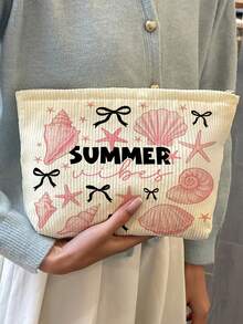 「Summer」字母印花化妝包，附貝殼與海星裝飾，沙灘包，附拉鍊旅行收納包，輕量耐褪色化妝與盥洗用品包，便攜式化妝盒，易清潔設計，適合女性與男性，適合母親、老師、朋友、護士等，化妝包，學校、度假、旅行必備盥洗用品包，母親節禮物，夏季必備 - 彩色 - 查看 7
