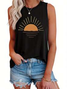 Summer Outfits For WomenPlus Size Sun Print Tank Top, Casual Crew Neck Sleeveless Tank Top For Summer, Women's Plus Size ClothingLoose And Comfortable - 黑色 - 查看 12