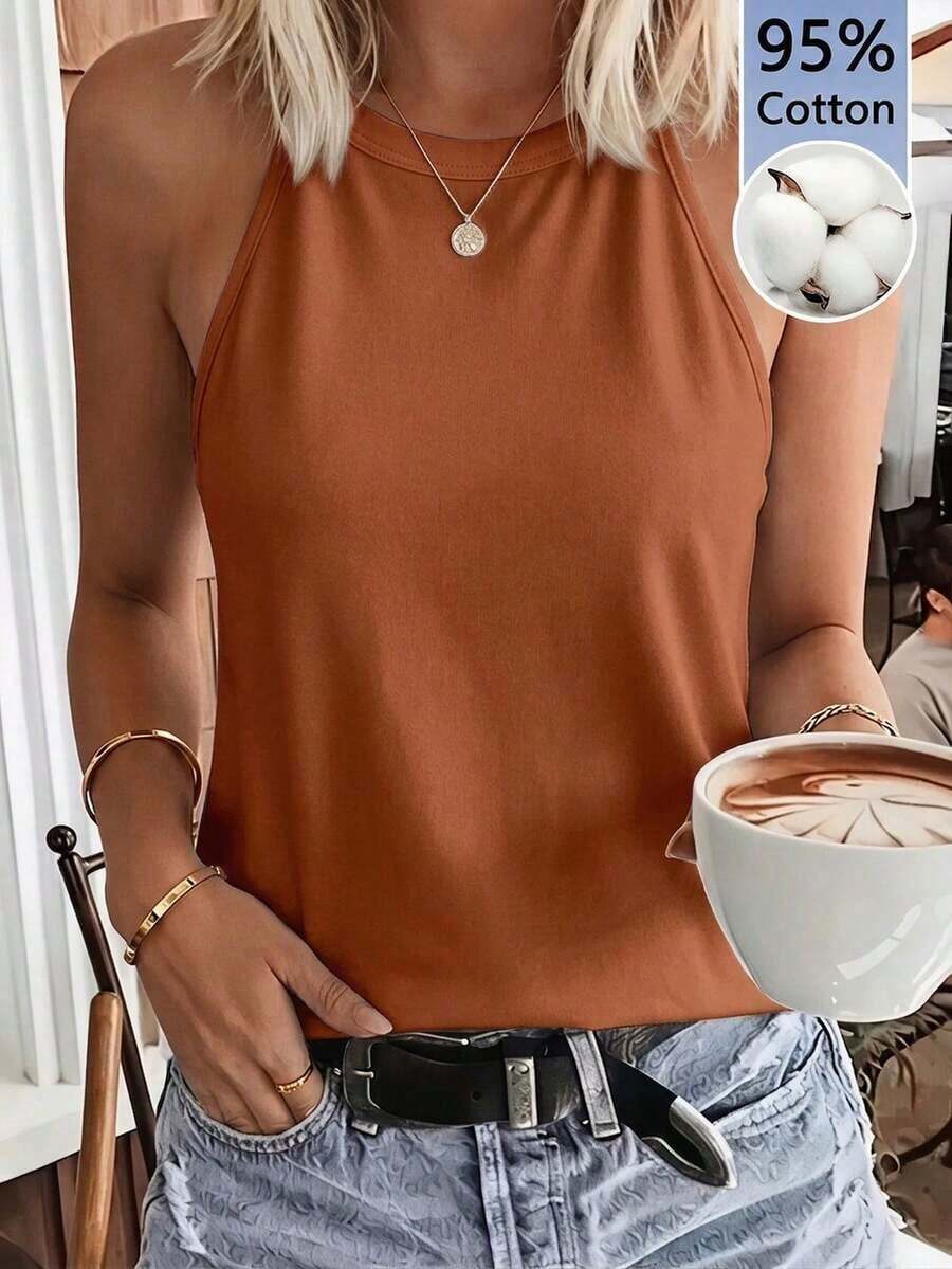 LUNE Camiseta de tirantes ajustada y casual de mujer, 95% algodón, adecuada para el verano - Óxido marrón - Ver 1