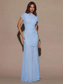 Vestido ajustado de cuello redondo sin mangas con fruncido en color borgoña, vestido elegante de Venus adecuado para vacaciones, fiestas, Navidad, citas, cumpleaños, otoño/invierno - Celeste - Ver 3