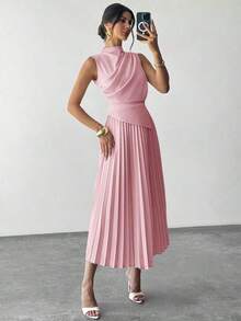 Vestido de línea A con cuello de swing sin mangas y volantes, falda paraguas, para volver al colegio, ropa escolar, fiesta, estilo de mujer de dinero antiguo, atuendos para salir, atuendos de fiesta para mujer, atuendos de oficina para mujer, fald - Rosa Pálido - Ver 5