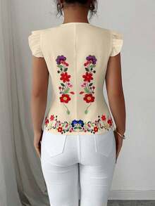 Blusa con estampado floral, cuello con volantes y mangas cortas, para vacaciones - Albaricoque - Ver 2