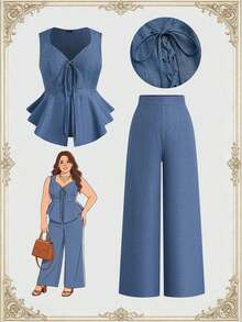 Conjunto de 2 piezas de mujer talla grande con top sin mangas de aspecto de lino bicolor con volante de lazo de encaje ojal y diseño elegante + pantalones sueltos y versátiles para la oficina - Azul - Ver 5